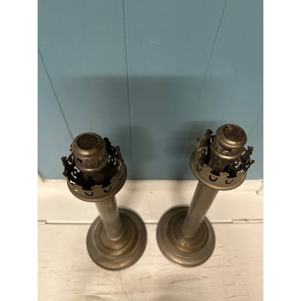 Pair Vintage Victorian Brass Oil Lamps Hurricane Glass Domes Ornate Tops *read